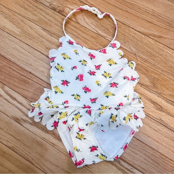 Mila and Emma One Piece Swimsuit White Ruffle Waist Floral - Picture 2 of 6